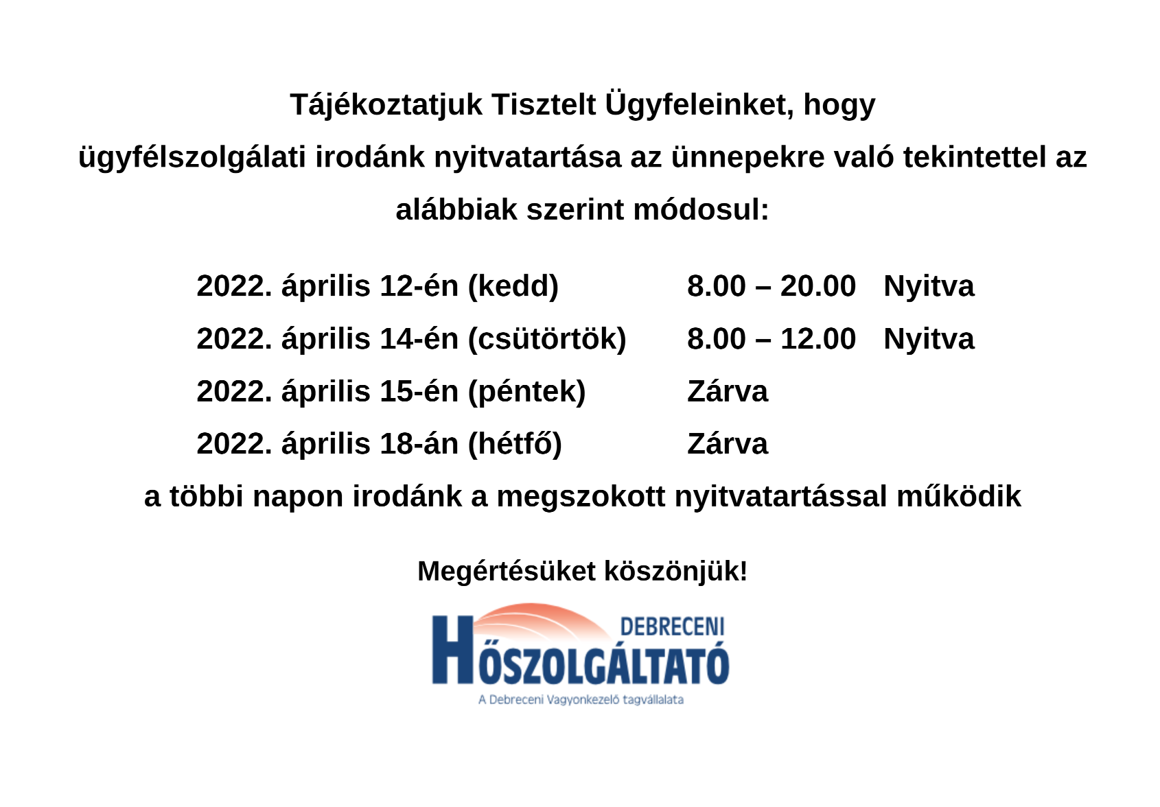 Read more about the article Ügyfélszolgálati irodánk nyitvatartása a húsvéti ünnepek alkalmával