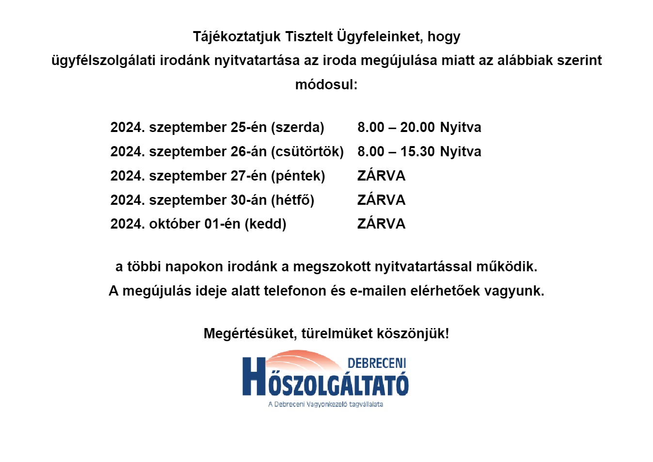 Read more about the article Nyitvatartás változás szeptember
