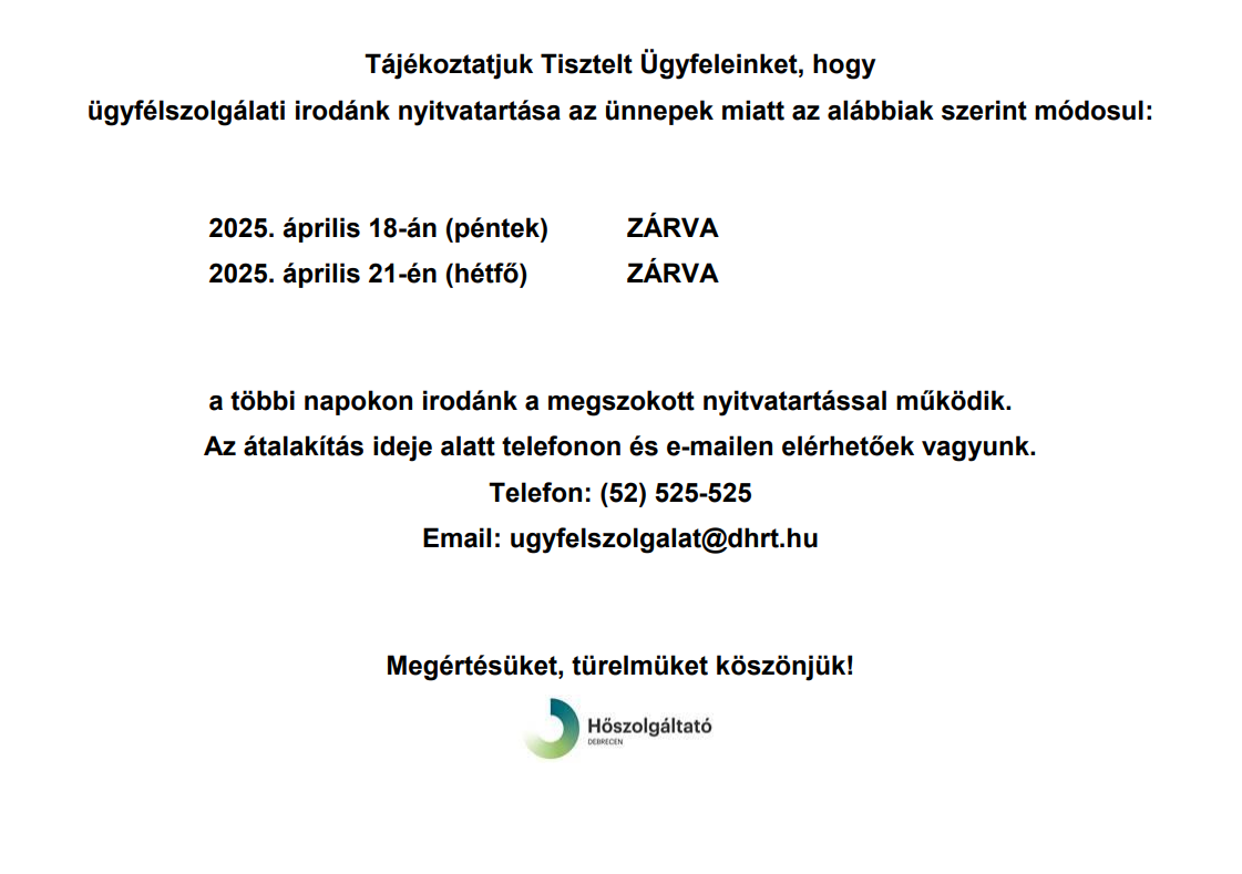 Read more about the article Nyitvatartás változás április