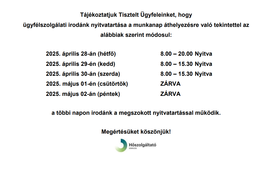 Read more about the article Nyitvatartás változás április-május