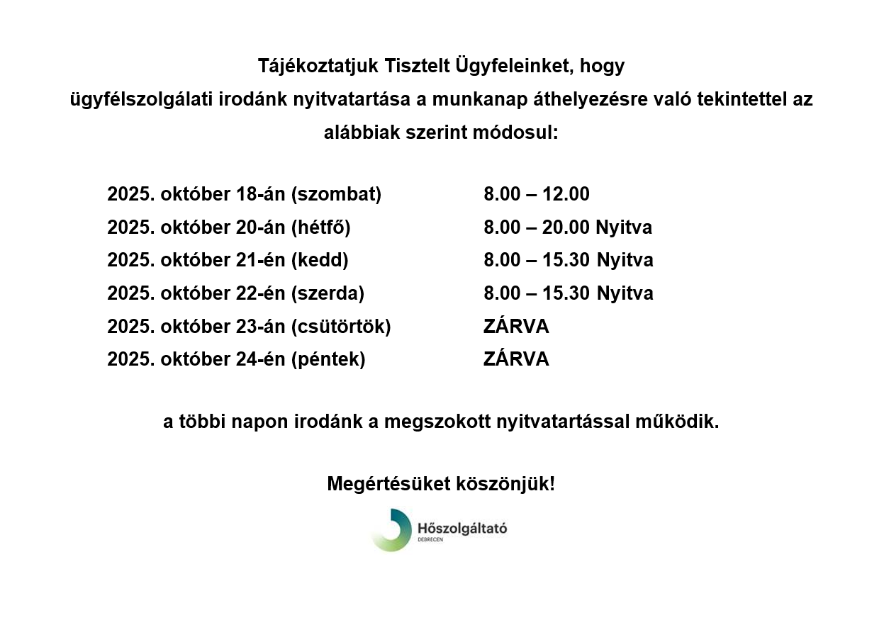 Read more about the article Ügyfélszolgálati iroda nyitvatartása október